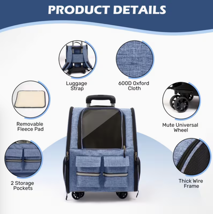 Pet rolling backpack with detachable wheels