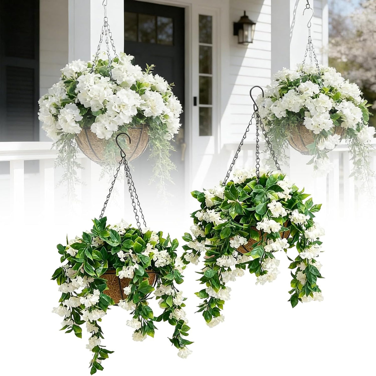 Faux Crepe Myrtle Hanging Baskets, UV Resistant Fake Hanging Plants with Basket, Realistic Artificial Hanging Flowers for Outdoors Outside Patio Garden Porch Balcony Yard Decor (2pcs Pink)
