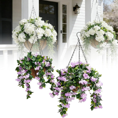 Faux Crepe Myrtle Hanging Baskets, UV Resistant Fake Hanging Plants with Basket, Realistic Artificial Hanging Flowers for Outdoors Outside Patio Garden Porch Balcony Yard Decor (2pcs Pink)