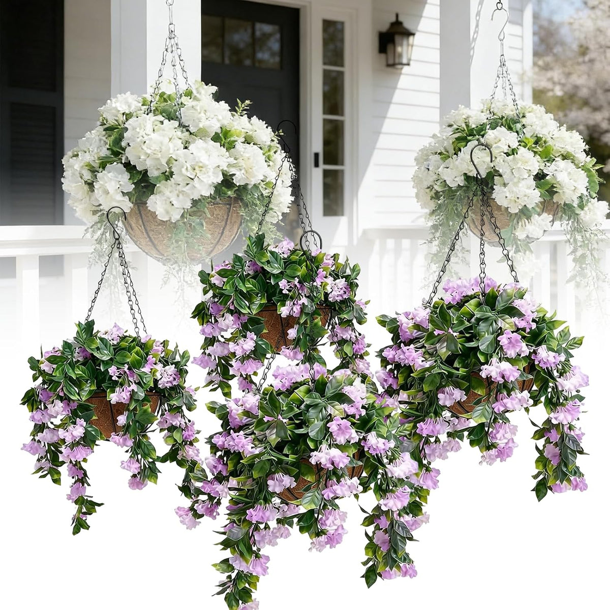 Faux Crepe Myrtle Hanging Baskets, UV Resistant Fake Hanging Plants with Basket, Realistic Artificial Hanging Flowers for Outdoors Outside Patio Garden Porch Balcony Yard Decor (2pcs Pink)