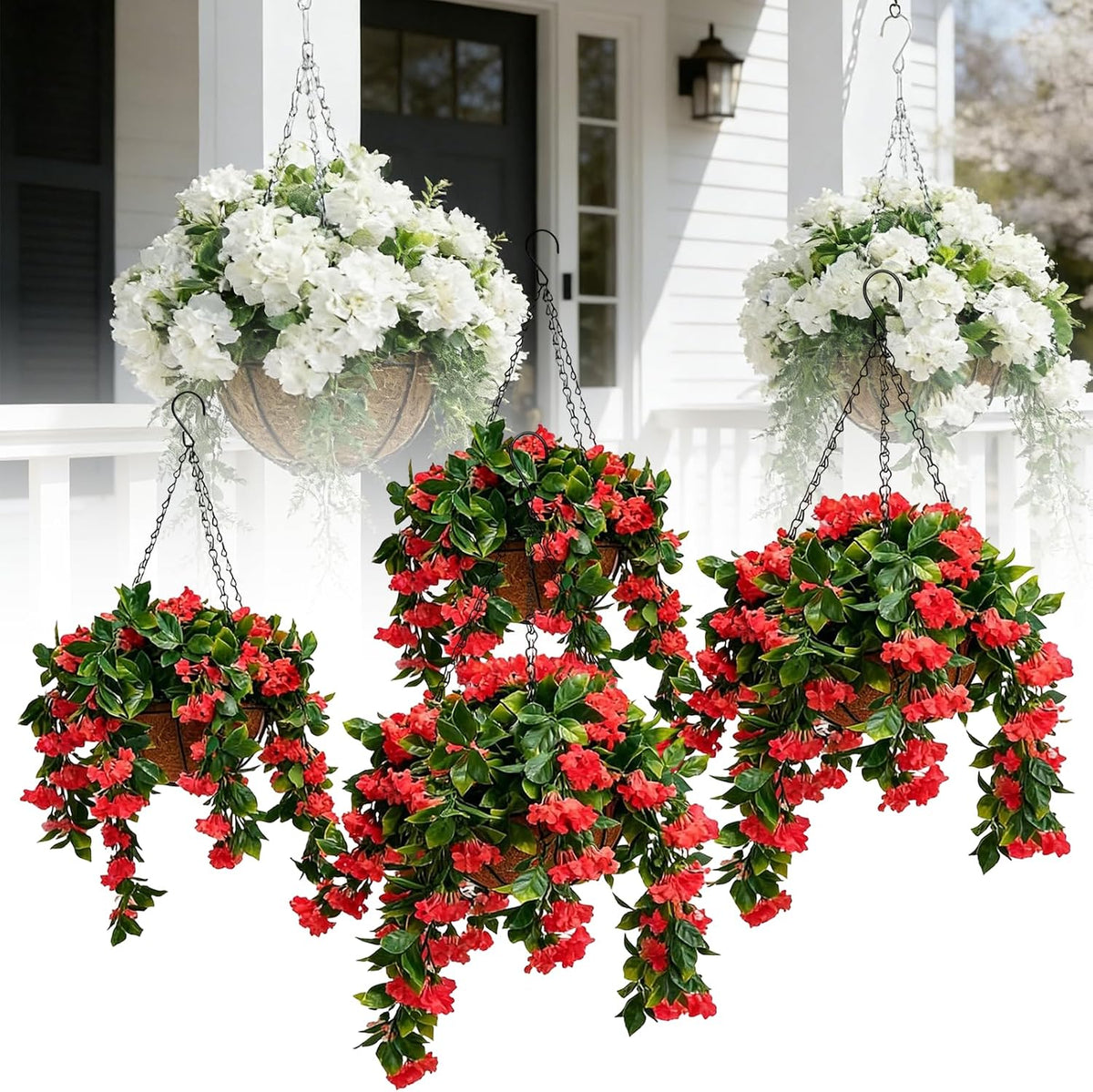 Faux Crepe Myrtle Hanging Baskets, UV Resistant Fake Hanging Plants with Basket, Realistic Artificial Hanging Flowers for Outdoors Outside Patio Garden Porch Balcony Yard Decor (2pcs Pink)